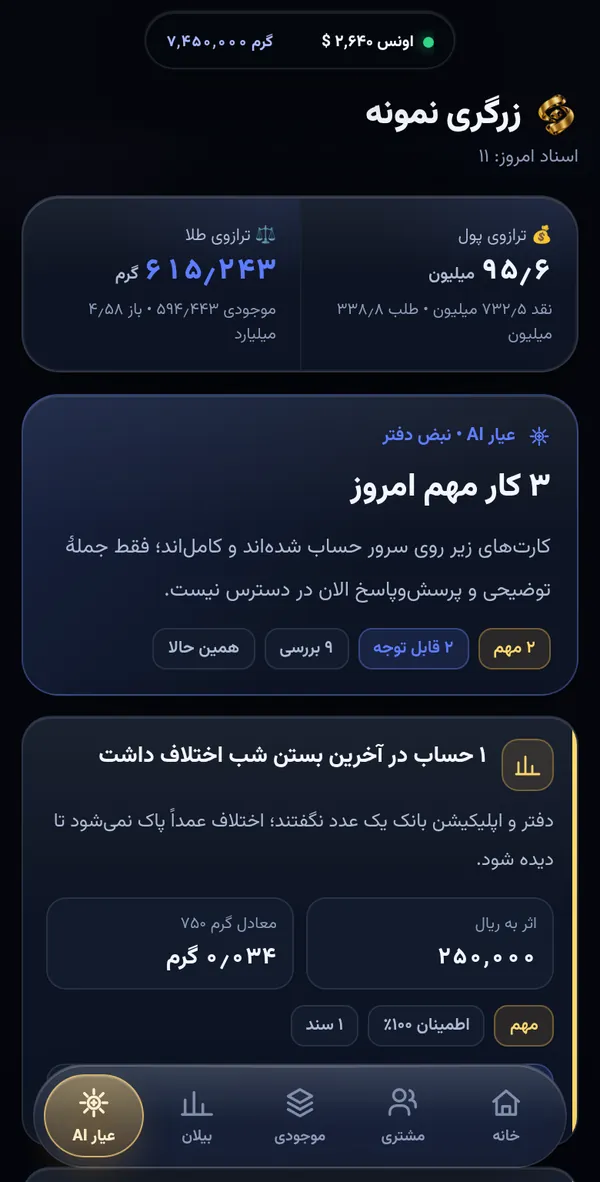 صفحهٔ عیار AI: دستیار هوشمند و تحلیل کارها
